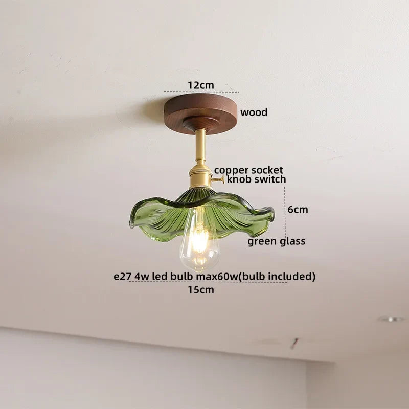 Green Glass Ceiling Lamp Copper Wood Accent