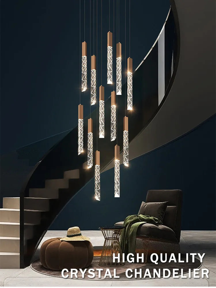 DecorBites™ Crystal Column LED Chandelier: Luxury Pendant Lamp for Staircase, Modern Home Decor Lighting