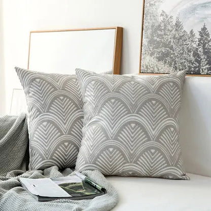 DecorBites™ Geometric Embroidered Cushion Cover in Grey Canvas Cotton 45x45cm