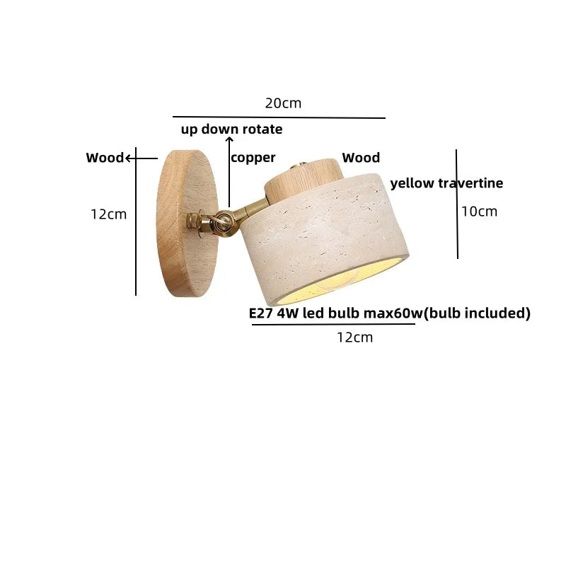 DecorBites™ LED Wall Sconce Iron Rotate Kitchen Bedroom Hallway Yellow Travertine Wood Mirror Light