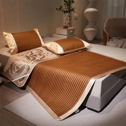 DecorBites™ Jacquard Cool Down Rattan Mat - Natural Rattan & Ice Rayon Bed Cooling Mat