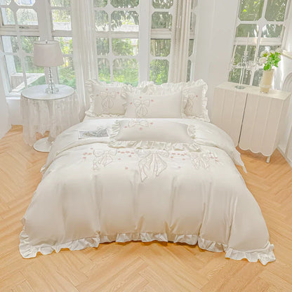 DecorBites™ Ice Silk Embroidered Ruffles Duvet Set with Cool & Skin-Friendly Feel