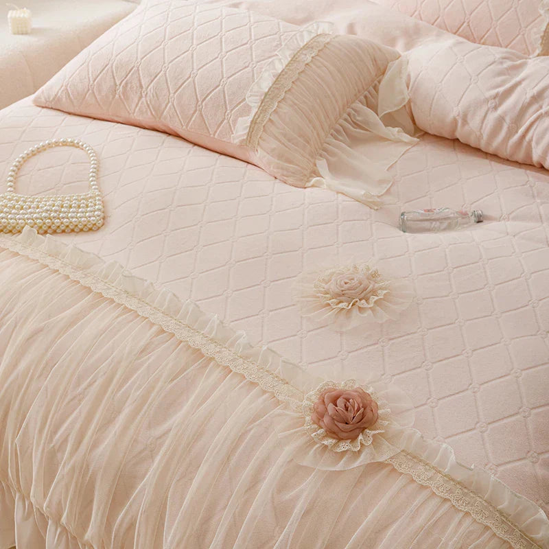 DecorBites™ Cozy Velvet Lace Flowers Princess Bedding Set