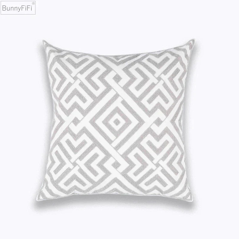 DecorBites™ Geometric Embroidered Cushion Cover Light Grey Cotton 45x45cm
