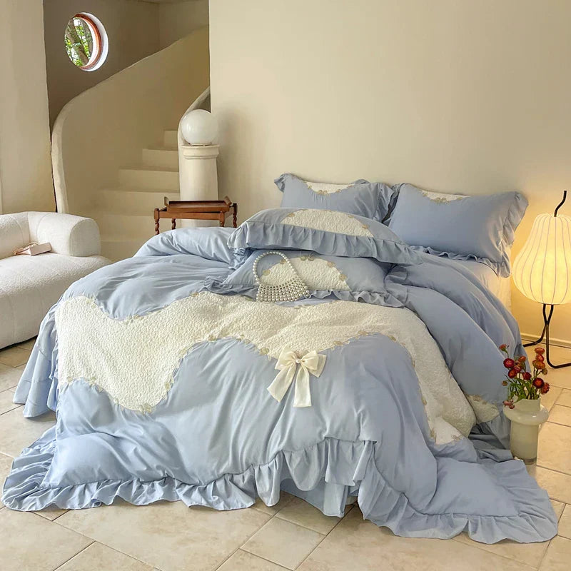 DecorBites™ Lace Embroidery Princess Bedding Set - Duvet Cover, Sheet, Pillowcases - Blue Pink Purple