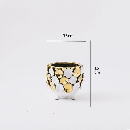 DecorBites™ Geometric Gold Leaf Relief Ceramic Vase - Elegant Hand-Appliqued Flower Pot Home Decor