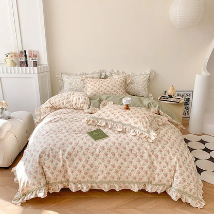 DecorBites™ French Floral Bedding Set, 100% Cotton, Ruffles, Duvet Cover, Bed Sheet, Pillowcases