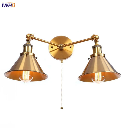 DecorBites™ Industrial Vintage LED Wall Light Iron Gold 2 Heads Simple Lamparas De Pared.