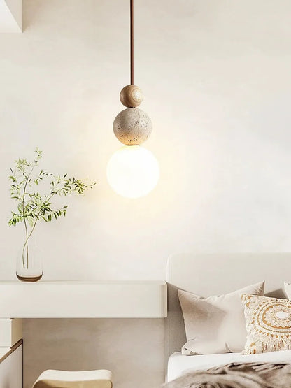 DecorBites™ Cream Style LED Pendant Lamp for Bedroom and Bar - Designer Stone Wood Chandelier
