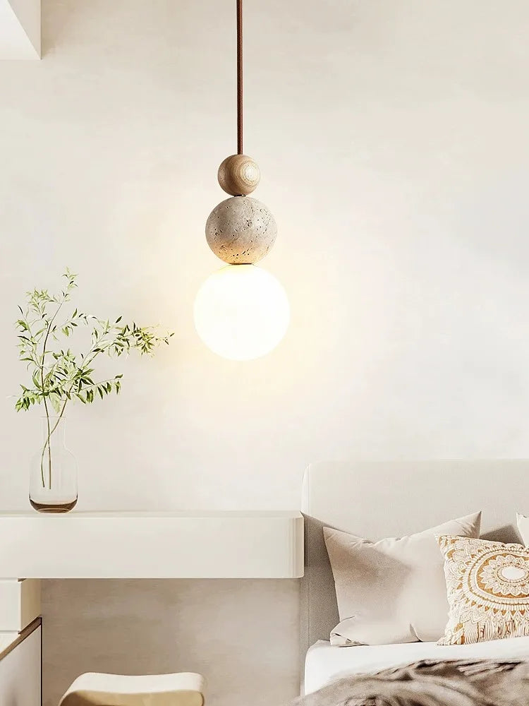 DecorBites™ Cream Style LED Pendant Lamp for Bedroom, Stone Wood Design