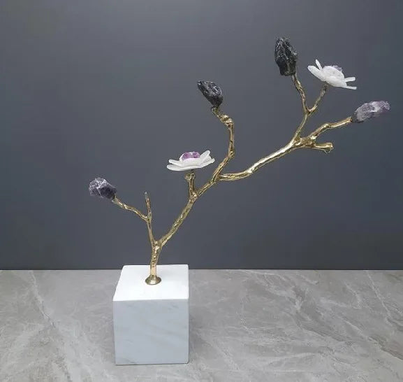 DecorBites™ Crystal Flower Tree Sculpture: Golden Branches with Marble Base