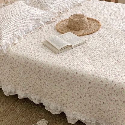 DecorBites™ Korean Princess Floral Lace Ruffles Bedspread Set with 100% Cotton Quilting