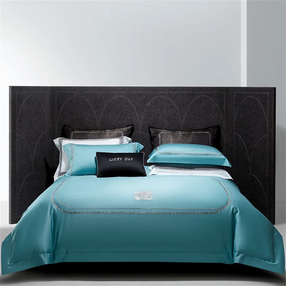 DecorBites™ Cotton Satin Jacquard Embroidery Bedding Set with Elastic Sheet & Duvet Cover