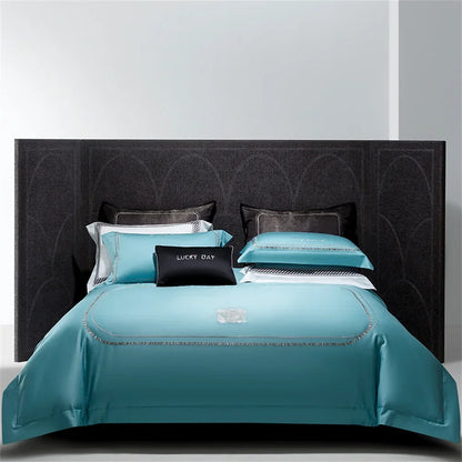 DecorBites™ Cotton Satin Jacquard Embroidery Bedding Set with Elastic Sheet & Duvet Cover