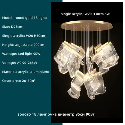 DecorBites™ Acrylic Leaf Chandelier LED Light Dimmable Luxury Pendant for Home Decor