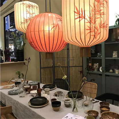 DecorBites™ Bamboo Leaf Pattern Lantern Pendent Lamp - Hand-painted Japanese Style Room Decor
