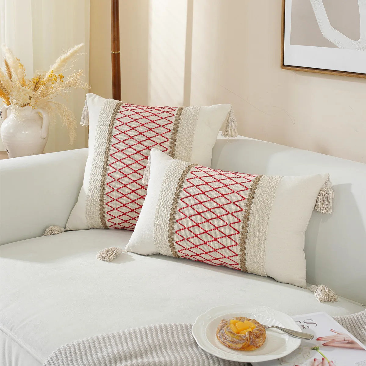 DecorBites™ Linen Stripe Diamond Woven Cushion Cover 45x45cm with Tassels