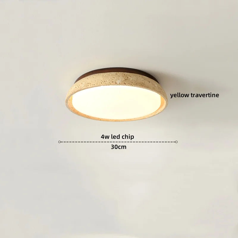 DecorBites™ Japan Style LED Ceiling Light Yellow Travertine Stone Wood Base Bedroom Luminaire.