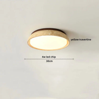 DecorBites™ Japan Style LED Ceiling Light Yellow Travertine Stone Wood Base Bedroom Luminaire.