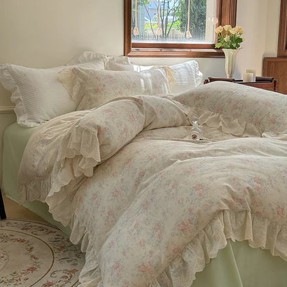 DecorBites™ Elegant Floral Lace Ruffles Bedding Set with Double Yarn - Soft Cotton Blend