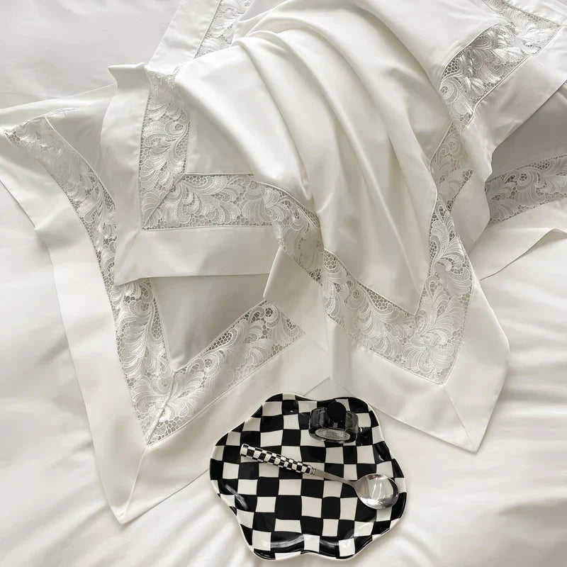 DecorBites™ Lace Embroidery 1200TC Egyptian Cotton 4Pcs Bedding Set with Wide Hollow Design