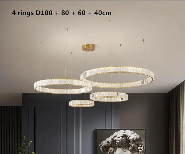 DecorBites™ Crystal LED Chandelier Rings Pendant Lamp Luxury Villa Stair Decoration