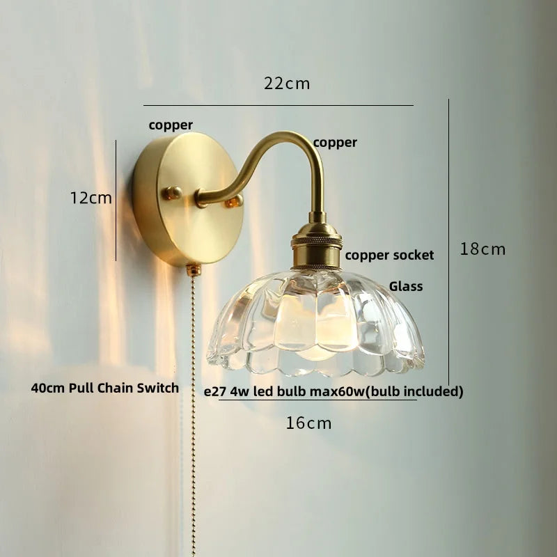 Green Glass Wall Sconce Copper Socket Pull Chain