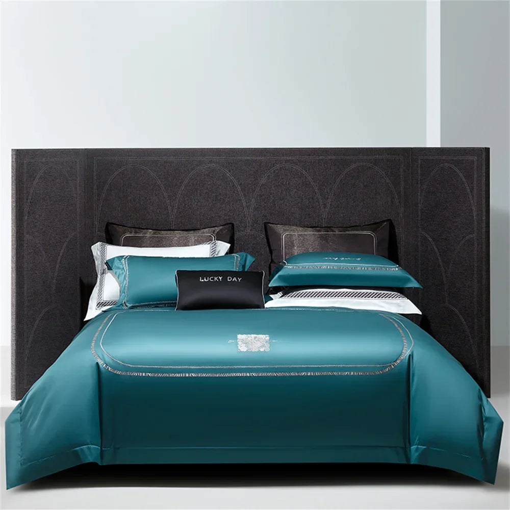 DecorBites™ Cotton Satin Jacquard Embroidery Bedding Set with Elastic Sheet & Duvet Cover