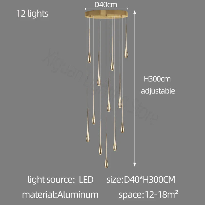Gold Duplex LED Chandelier 12-Light Staircase