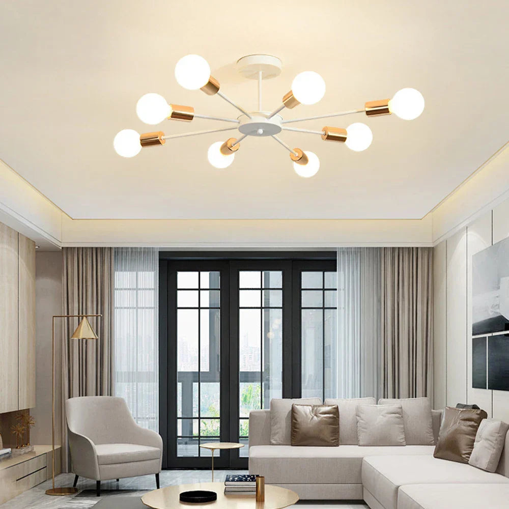 DecorBites™ Industrial Rod Iron Wood Sputnik Chandelier Ceiling Lamp LED E27 Home Lighting