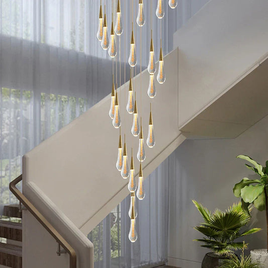 DecorBites™ Crystal Tear Drop Chandelier: Gold LED Pendant Light for Villa Staircase and Living Room