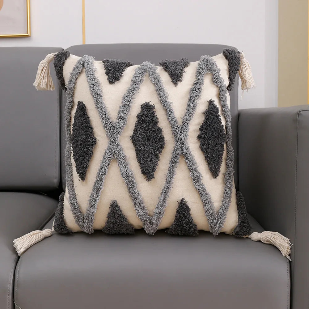 DecorBites™ Geometric Waves Tufted Pillow Covers with Embroidered Tassels