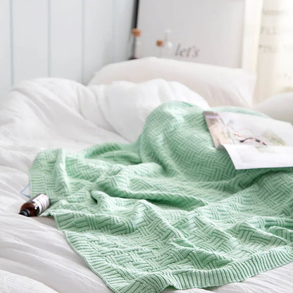 DecorBites™ Cozy Jacquard Blanket: 100% Cotton Solid Color Knitted Shawl for Office or Home