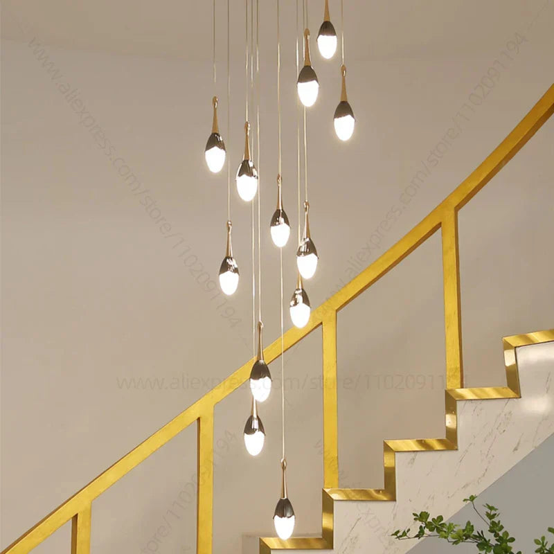 DecorBites™ Gold LED Staircase Chandelier: Elegant Luxury Large Pendant Lamp for Living Room