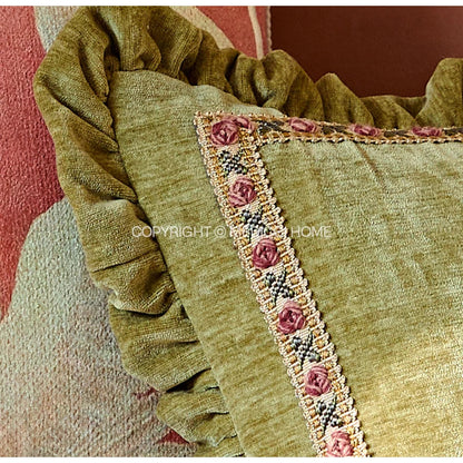 DecorBites™ Luxe Chenille Ruffled Green Lumbar Pillow Cover 35x45