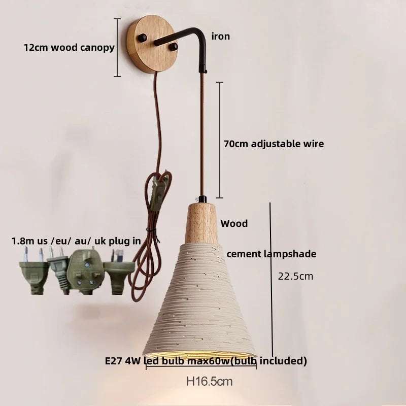 DecorBites™ LED Wall Light Fixture Cement Wood Base Bedside Lamp