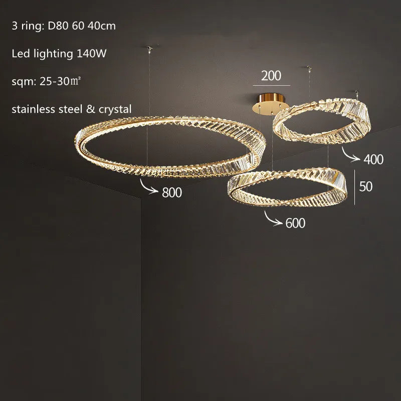 DecorBites™ Gold Steel Rings Crystal Pendant Light