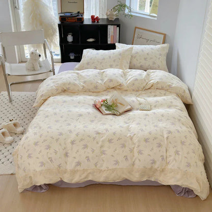 DecorBites™ Lavender Lace Bedding Set: Single Queen Size Duvet, Sheet, Pillowcases