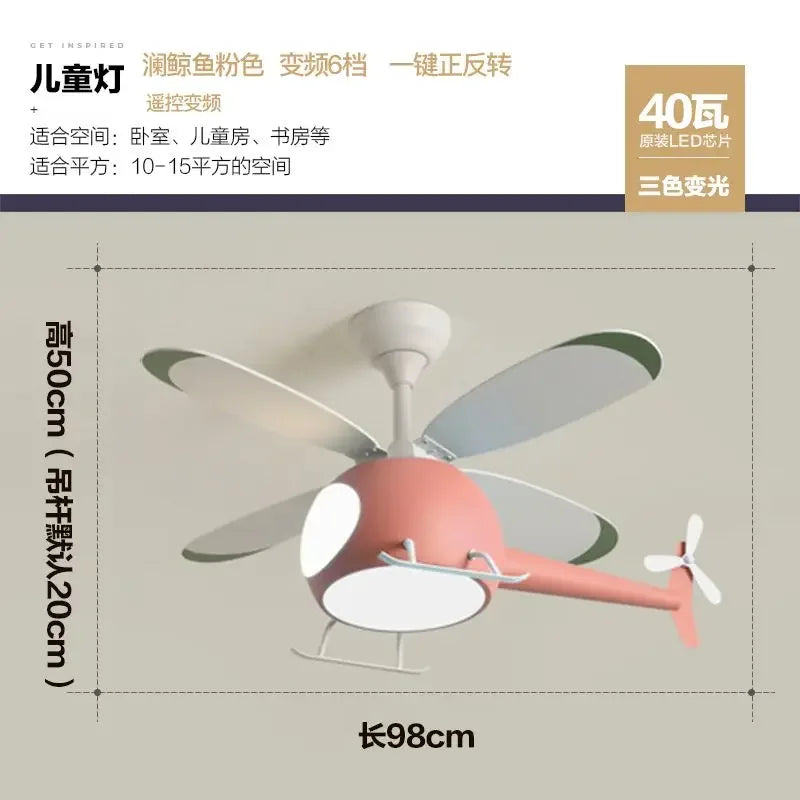 DecorBites™ Kids' Helicopter Ceiling Fan with LED Light Chandelier - Modern Aircraft Design