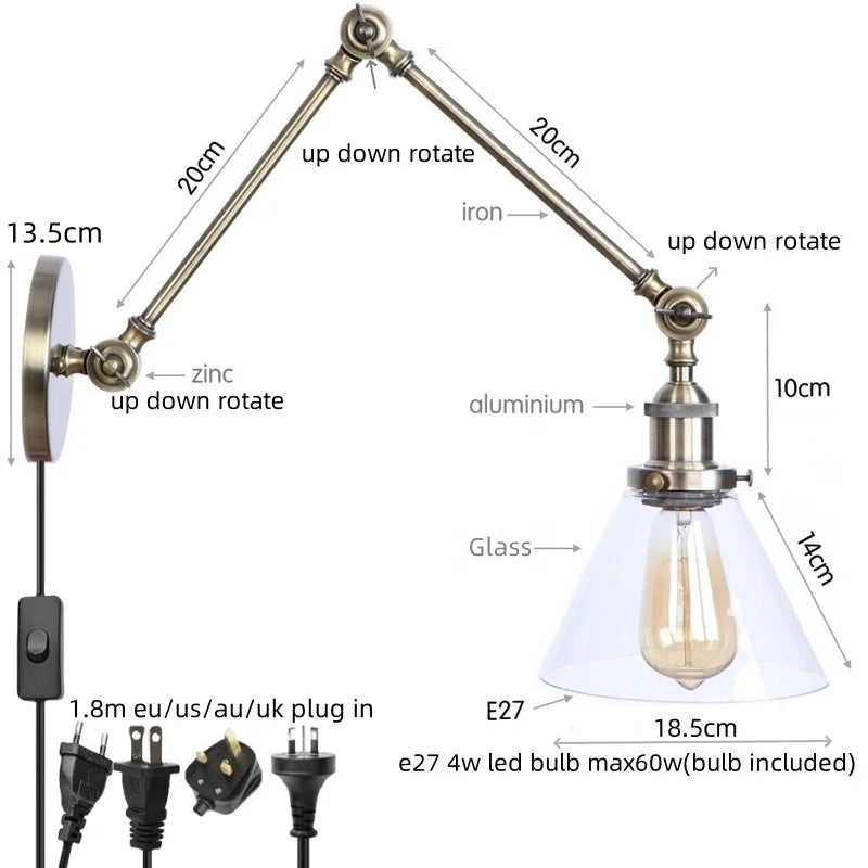 DecorBites™ Industrial Adjustable LED Wall Sconce with Clear Glass Shade