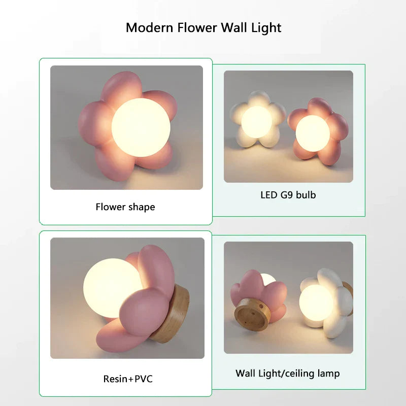 DecorBites™ Kids Flower Resin Wall Lamp LED G9 Bulb White Pink Creative Bedroom Decor