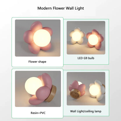 DecorBites™ Kids Flower Resin Wall Lamp LED G9 Bulb White Pink Creative Bedroom Decor