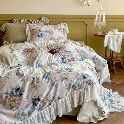 DecorBites™ French Flowers Lace Ruffles Princess Bedding Set with 1000TC Egyptian Cotton