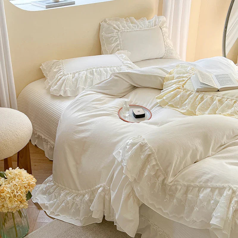 DecorBites™ Lace Ruffles Bedding Set in Pearl White Cream Yellow Princess Cotton
