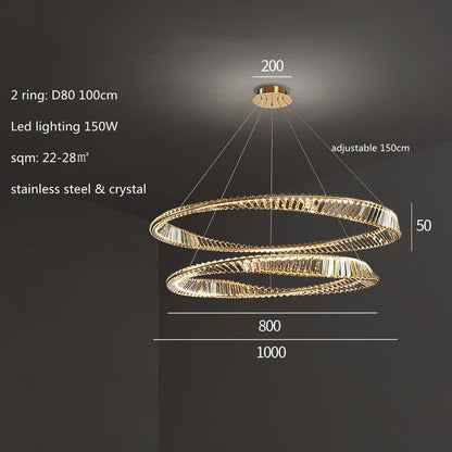DecorBites™ Gold Steel Rings Crystal Pendant Light