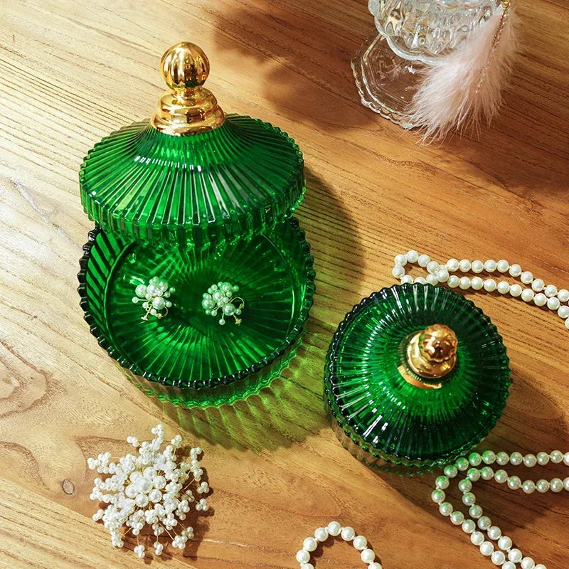 DecorBites™ Green Striped Glass Jar with Lid, Small Objects Jewelry Storage Jar