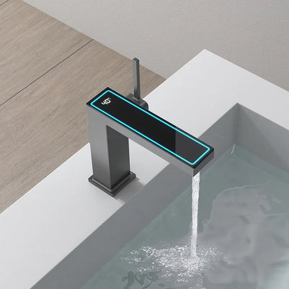 DecorBites™ Digital Display Square Sink Mixer with Single Handle in Gray.