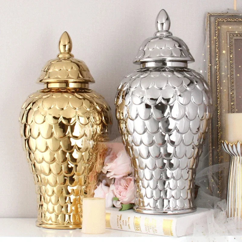 DecorBites™ Geometric Golden Porcelain Jar - Home Decor Vase & Storage Tank