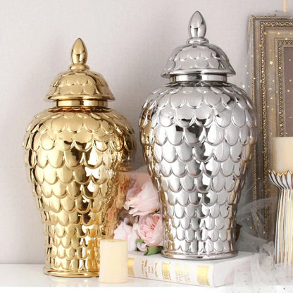 DecorBites™ Geometric Golden Porcelain Jar - Home Decor Vase & Storage Tank
