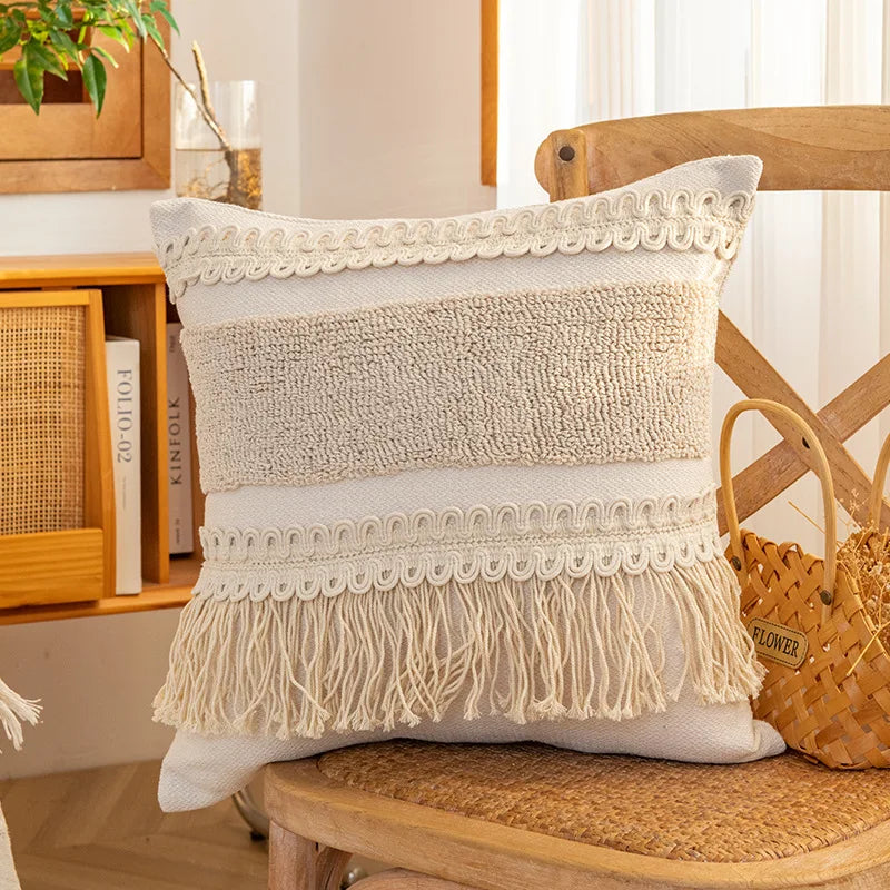 DecorBites™ Geometric Tufted Cushion Cover with Handmade Tassels & Patchwork